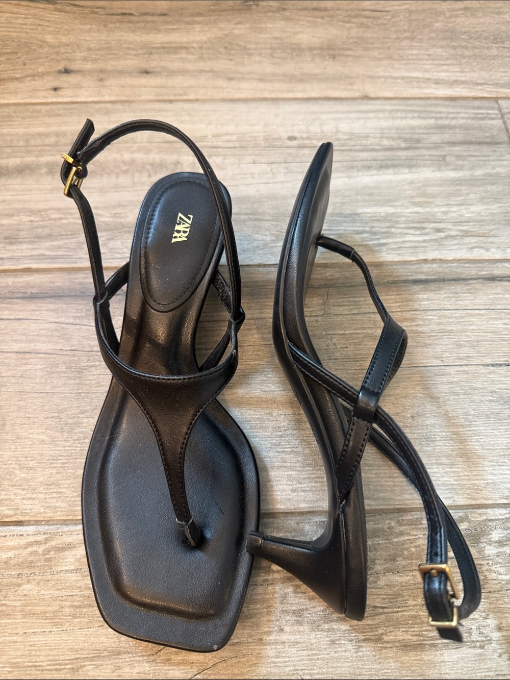 ZARA Black T-Strap Square-Toe Sandals